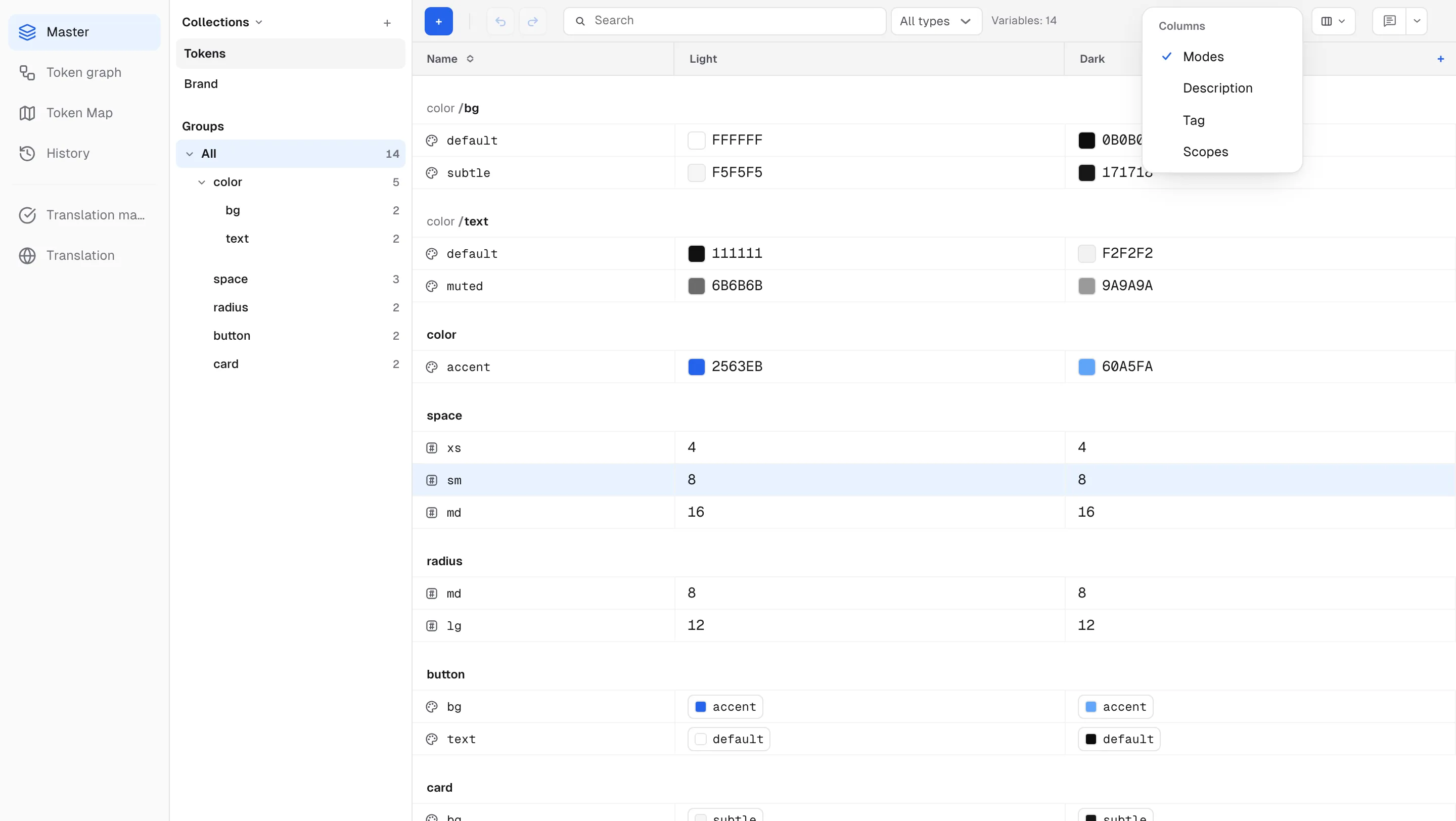 The View menu — the Columns section toggles Modes, Description, Tag, and Scopes